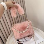 Fashion Chic Plush Shoulder Bag Mini Pink Plush Pearl Strap Handbag - image 2