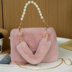 Fashion Chic Plush Shoulder Bag Mini Pink Plush Pearl Strap Handbag - image 3