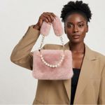 Fashion Chic Plush Shoulder Bag Mini Pink Plush Pearl Strap Handbag - image 4