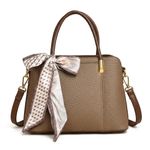 Fashion Women's Textured Top-Handle Handbag with Decorative Scarf - Office & Casual Shoulder Bag - Khaki