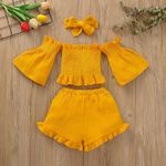 product_image_name-Fashion-Girls One-shoulder Pleated Flared Sleeve Shorts Three-piece Suit-1