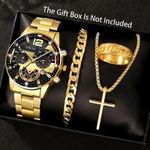 product_image_name-Fashion-GENEVA Gold Multi functional Watch+Cuban Chain Bracelet+Cross Necklace+Texture Ring Men's Trendy Cool Four Piece Set - Black Gold-1