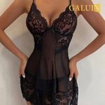 product_image_name-GALUIN-Sexy Deep V New See Through Black Lace Bow Bra Women's Sleeping Skirt Set Erotic Temptation Exotic Mini Dress Babydolls Lingerie-3