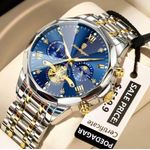 POEDAGAR Men’s Original Luxury Wristwatch – Waterproof Stainless Steel Quartz Chronograph Watch - Color: Silver with Gold and Blue