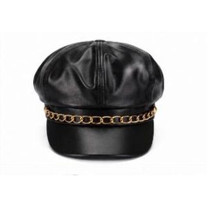 Hat 1 Pcs Fashionable Unisex Leather Beret Cap with Gold Chain Detail – Black