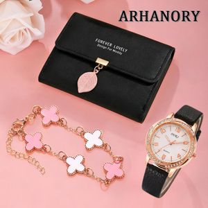 ARHANORY Women’s Elegant 3-Piece Set Quartz Watch Tri-fold Wallet Bracelet Ladies Wristwatch Coin Purse