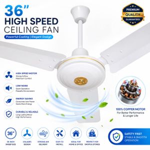 36" High Speed Ceiling Fan – Silent Double Ball Bearing Motor with 5 Speed Regulator – White
