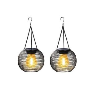 2Pcs Iron Art Solar Powered Lantern Outdoor Waterproof Hanging Garden Light Bulb Decorative Landscape Lamp
