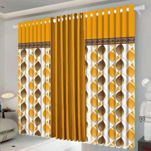 Luxury 3-Piece Eyelet Window Curtain Set - Yellow & Gold Geometric Pattern