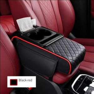 Multifunctional Car Armrest Cushion Pad & Organizer Box - Diamond Quilted PU Leather Center Console Protective Cover with Dual Cup Holders, Phone Slot & Tissue Dispenser