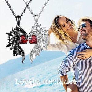 Lovers Alloy Wing Heart Necklace Set - Matching Couple Necklaces with Red Crystal, Black & Silver Wing Pendant Jewelry