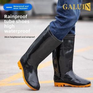 GALUIN Unisex High Knee Waterproof Rain Boots Anti-Slip PVC Sole Black Yellow