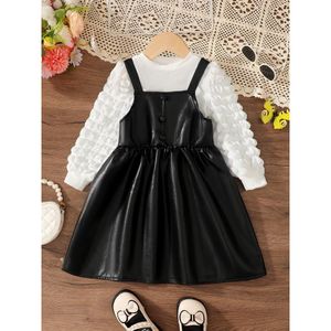 Catpapa 3-7Y girls' clothing, 2-piece formal set, long-sleeved wavy top + PU leather vest dress, fashionable and cool