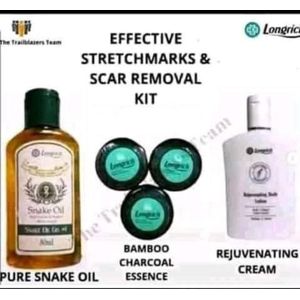 Longrich Stretch Marks & Scar Removal Kit( Contains Snake Oil 80ml, Rejuvenating Body Lotion 165ml & Bamboo Charcoal Soap 100g*3) 