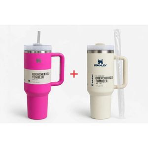 Powerful 2pcs Large 1200ml Vacuum-Stainless Steel Stanley Cup New Modern High Value Dual Wall Metal Mug for Coffee Water Gifts Lid 40oz Back School - white & Pink 