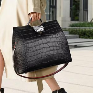 Luxury Black Croc-Embossed Leather Satchel – Snakeskin Accent Strap & Handle Executive Tote