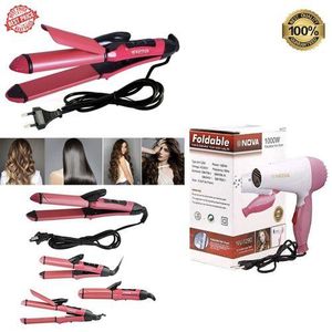 Nova 2 Set Hair Straightener & Curler - 110-240V + Professional Hair Dryer - 1400W - Pink/White