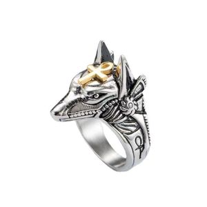ASCENT Egyptian Anubis Wolf Head Ankh Cross Vintage Open Ring For Men, Retro Gothic Adjustable Finger Ring Punk Biker Wolf Head Jewelry Gift For Party Daily Wear