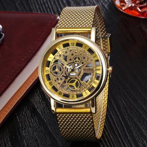 A Watch Men's Trendy Transparent Hollow Roman Imitation Mechanical Golden Mesh Strap Quartz Watch Men's