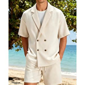Summer New Men'S Suit Style Short Sleeve Double-Breasted Solid Color Loose Casual Shirt Drawstring Slant Pocket Shorts Home Wear Two-Piece Set