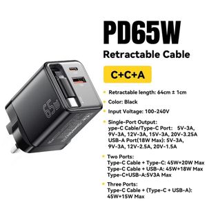65W Retractable Wall Charger with Built-in USB-C Cable and 2 USB Ports for Fast Charging Phones, Laptops, and Tablets - Black 