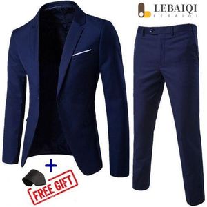 Gukbis Single-button casual suit jacket + casual suit trousers + tie - Navy Blue