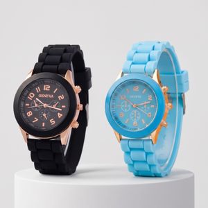 Geneva Couple Watch Set - Light Blue & Black Silicone Straps