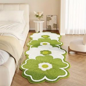 60×90cm Green Flower Shaggy Area Rug, Soft Faux Cashmere Non-Slip Bedside Mat