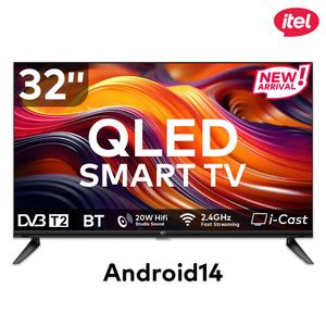Itel itel TV 32 inch, QLED, Smart TV, Frameless, Bluetooth, Android14, Wifi, Digital, Netflix, YouTube, Prime, 32" TV, television (1 year warranty, limited time promote)