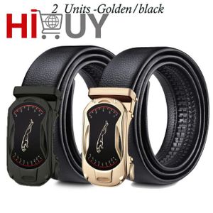 HIBUY 2 Pieces Leather Automatic Buckle Belt - Black And Golden