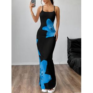 Women's Black Blue Floral Print Cami Bodycon Maxi Dress - Summer Casual Long Dress
