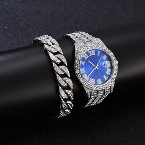  Men's Watch with Cuban Chain Strap - Blue & Silver
