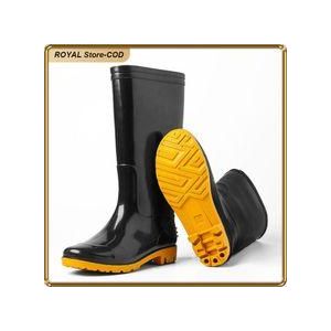 ASHION Unisex High Knee Waterproof Rain Boots Anti-Slip PVC Sole Black Yellow
