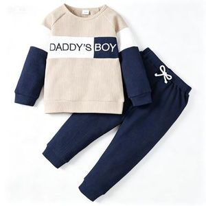 Catpapa 0-4 Years Boy Beige & Navy "DADDY'S BOY" Waffle Knit Top & Pants Set  Cozy Breathable Outfit, Ideal for Playdates, Outings & Everyday Activities