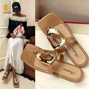 BoutiqQila Stylish openwork women's slippers,lightweight and breathable flip-flops, casual sandals with metal buckles-Brown