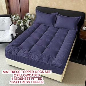 OMAMA HOME TEXTILE 4-Piece Quilted Mattress Topper Set with Fitted Bed Sheet & Pillowcases –Blue