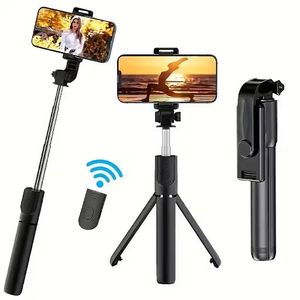Selfie Stick Tripod with Wireless Remote, Extendable Phone Holder, Multi-Functional Photo Stand for Live Streaming and Travel - Black