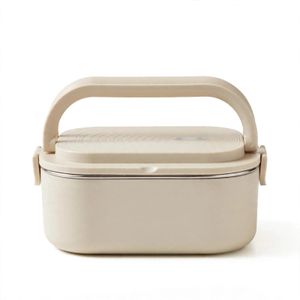 Beige Electric Heated Lunch Box - 2 Compartment Stainless Steel Food Warmer - Portable Lunch Heater