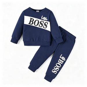 Catpapa 1-5Y Boys' "Little BOSS" Print Color Block Crew Neck Sweatshirt & Jogger Pants Set  Soft Casual 2-Piece Outfit, for Daily Wear & Outdoor Play, Toddler Boys