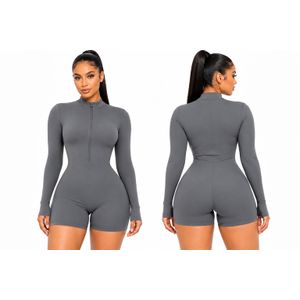 Women’s Long Sleeve Romper Zip-Up Front, Fitted Casual Jumpsuit -Grey