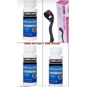 3 bottles of Kirkland Signature Minoxidil 5% Extra Strength Hair Regrowth Treatment + FREE Derma Roller