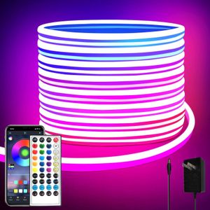Flushrenic 32.8ft LED neon Lights with Remote APP Control IP65 Waterproof Flexible Neon Strip Lights 24V RGB Rope Lights for Bedroom Room Outdoors Decor