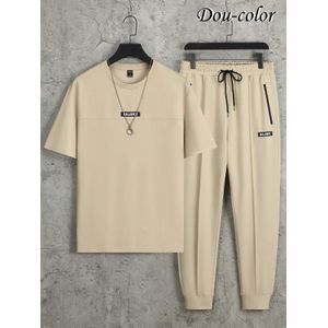 Dou-color Men's Balance printed 2-in-1 short sleeved T-shirt and pants set - brown