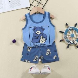 2pcs 0-3 Years Baby Boys Summer Set Bear Vest Blue Shorts Round Neck Cartoon Ountfit Toddler Infant Children