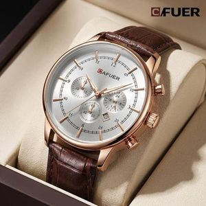 CAFUER Men's Luxury Leather Calendar Waterproof Luminous  Quartz  Watch -Brown and Golden