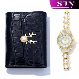 STY Lady Watch + Wallet Set Women Wrist Watch Black Purse Female Quartz Watch PU Short Wallet
