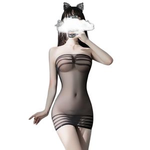 Sexy Striped Strapless Mesh Bodycon Dress for Women Sheer See Through Mini Dress Indoor Date Night