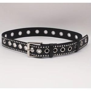 Punk Rock Double-Row Studded Eyelet Belt – Black Faux Leather – Unisex Gothic Streetwear Style