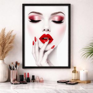 Luxury Glam Makeup Wall Art – Red Lips Beauty Portrait in Black Wooden Fram