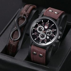 2 Pieces/Men's Watch And Bracelet Set, Casual Leather Strap，Ideal Gift - Brown